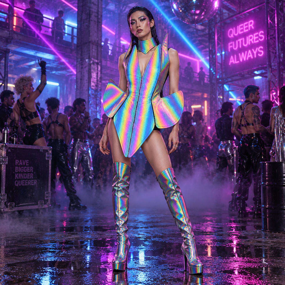 Futuristic dancewear reflective performance costume photographed for the product listing.
