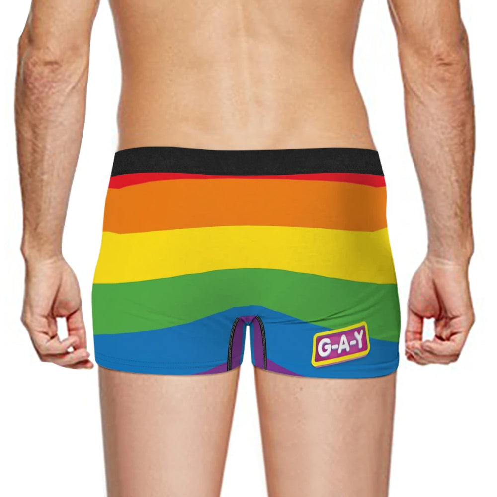 Rear view of a model wearing rainbow-striped boxer briefs with a G-A-Y patch
