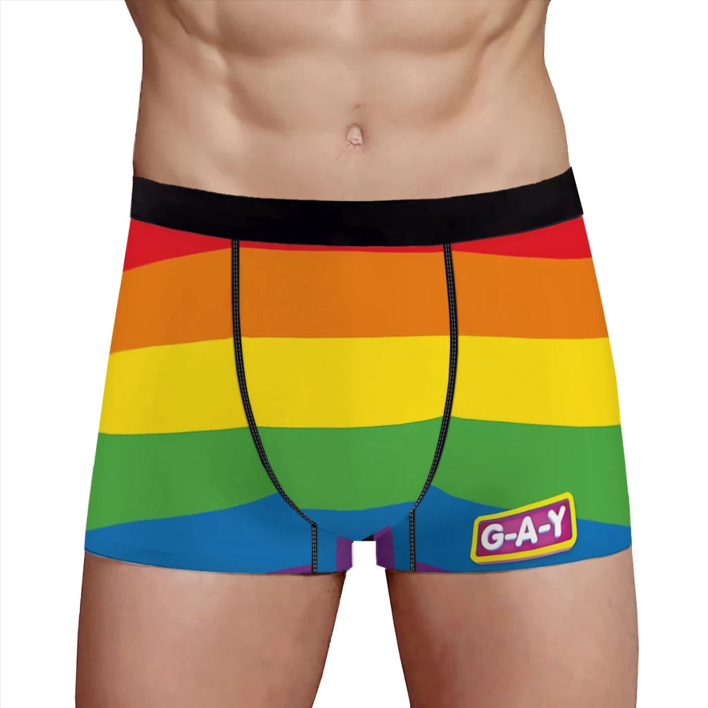 Front view of a model wearing rainbow-striped boxer briefs with a black waistband and G-A-Y patch