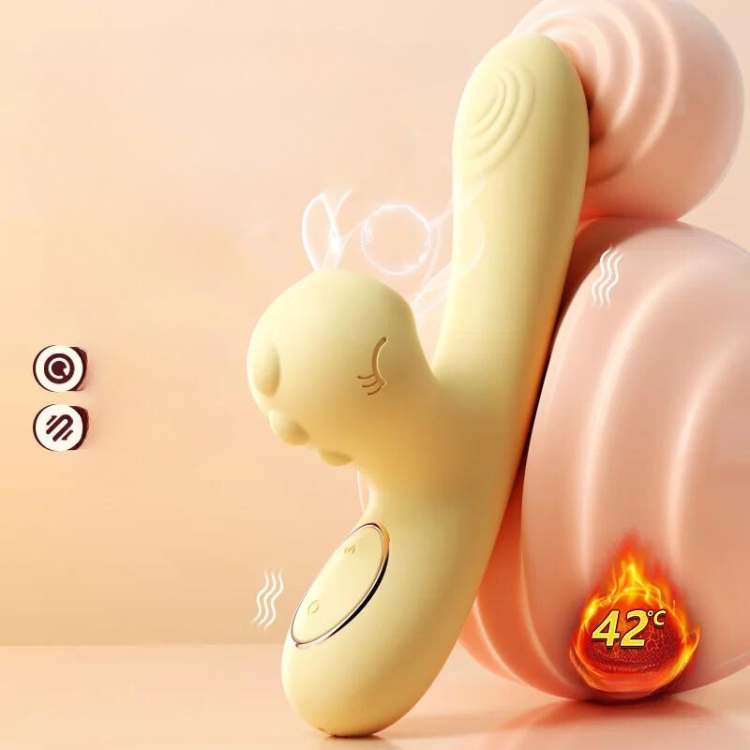 Yellow dual-ended clitoral stimulator with suction tip, controls, and 42°C heat graphic