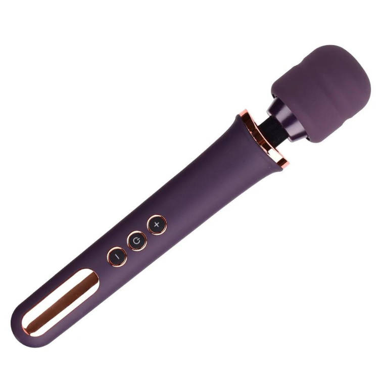 Purple handheld vibrator with a rounded head, three buttons, and an open-ended handle