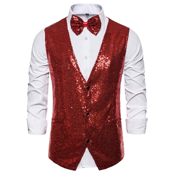 Front view of a red sequin waistcoat over a white shirt with a matching bow tie
