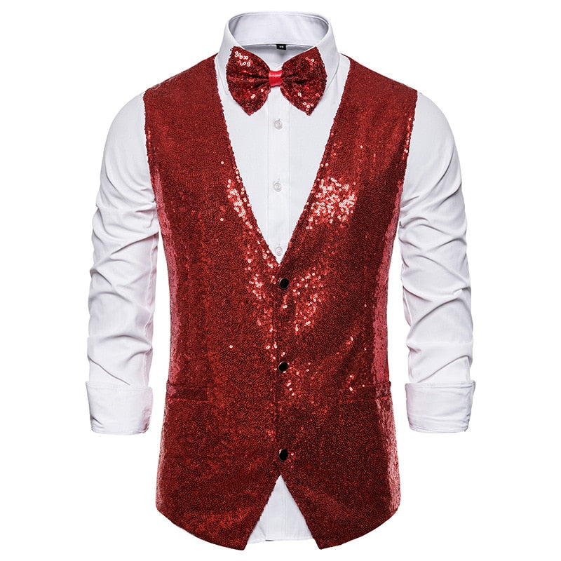 Front view of a red sequin waistcoat over a white shirt with a matching bow tie