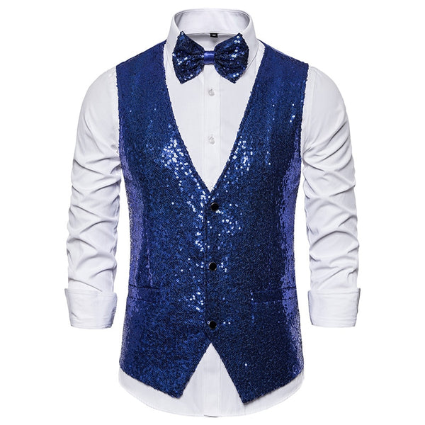 Front view of a blue sequined waistcoat over a white shirt with matching bow tie