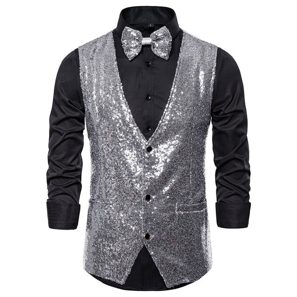 Front-facing black shirt with a silver sequin waistcoat and matching bow tie