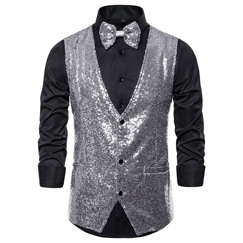 Front-facing black shirt with a silver sequin waistcoat and matching bow tie
