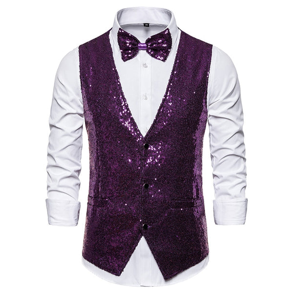 Front view of a purple sequin waistcoat over a white shirt with a matching bow tie