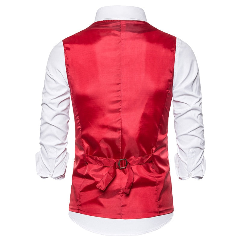 Rear view of a shiny red waistcoat with an adjustable back strap over a white shirt