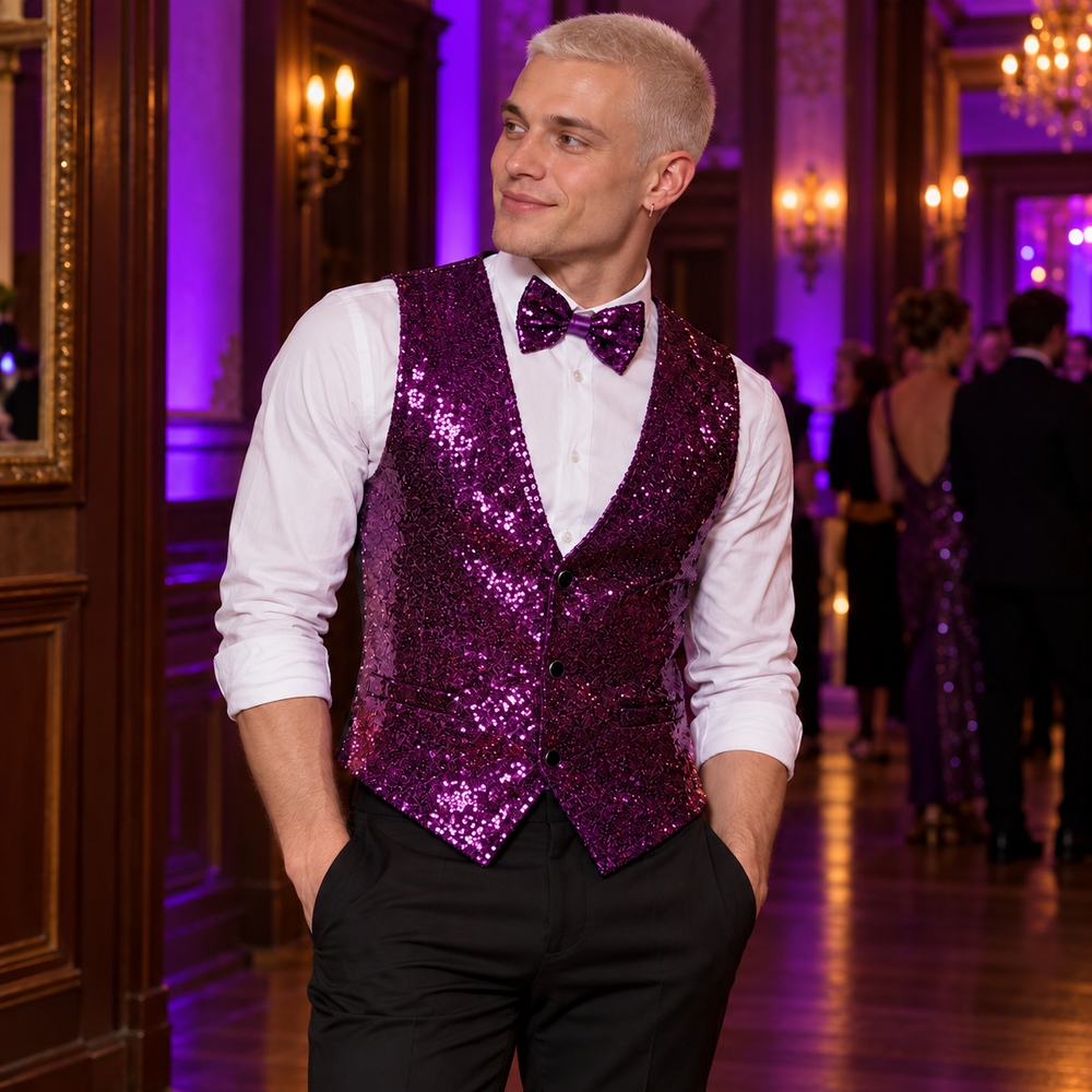 Man wearing Gala Glitz Sparkling Waistcoat With Bowtie in purple, showing the garment fit and construction.