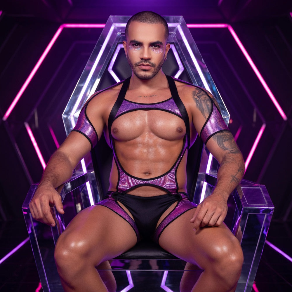 Front-facing model seated in a purple metallic cut-out bondage costume
