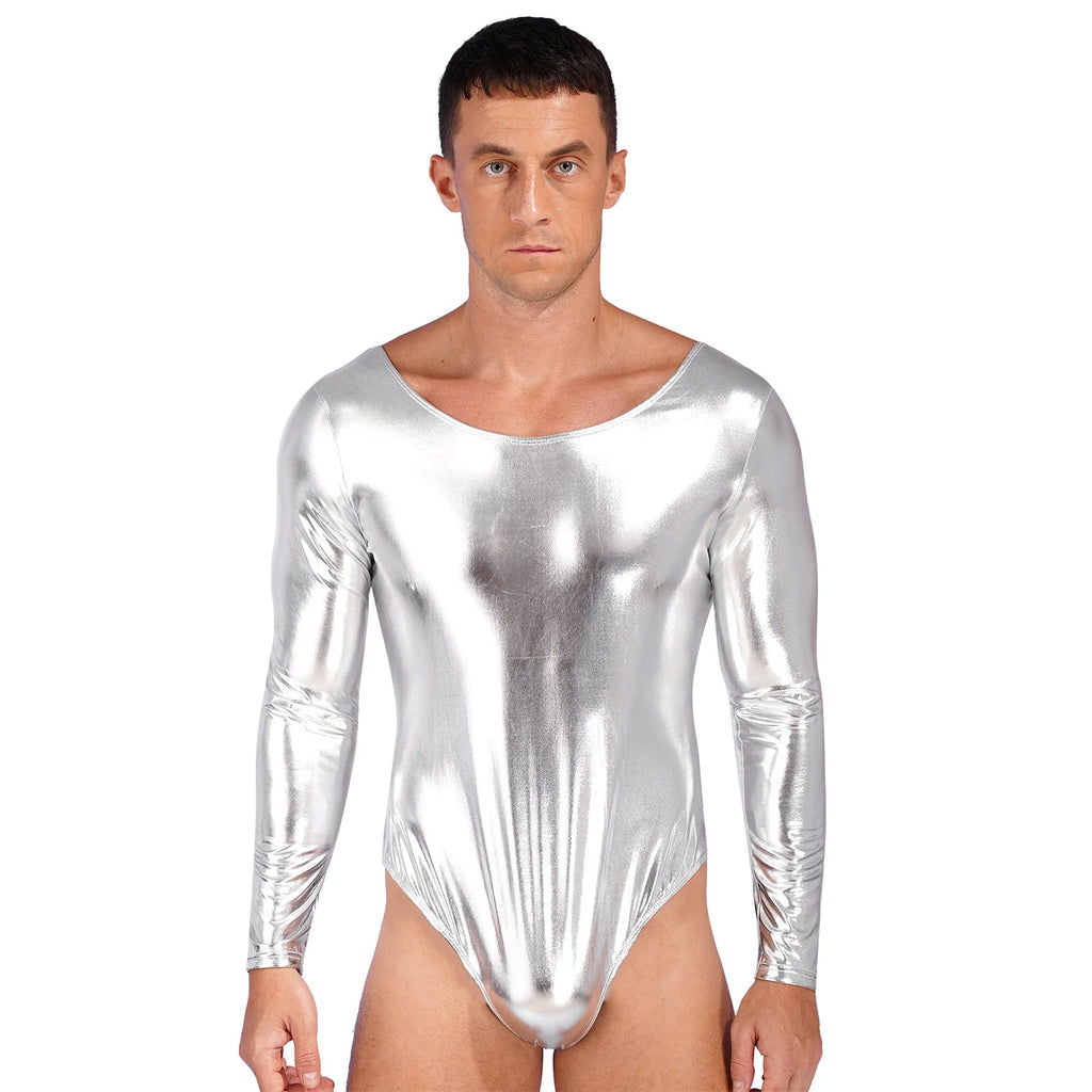 Front-facing model wearing a shiny silver long-sleeve bodysuit with a scoop neck