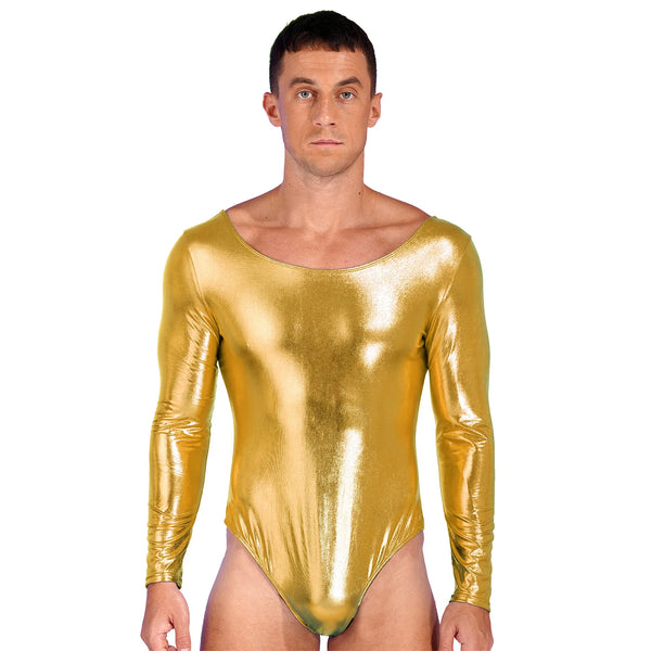 Front-facing model wearing a long-sleeved metallic gold bodysuit with a scoop neck