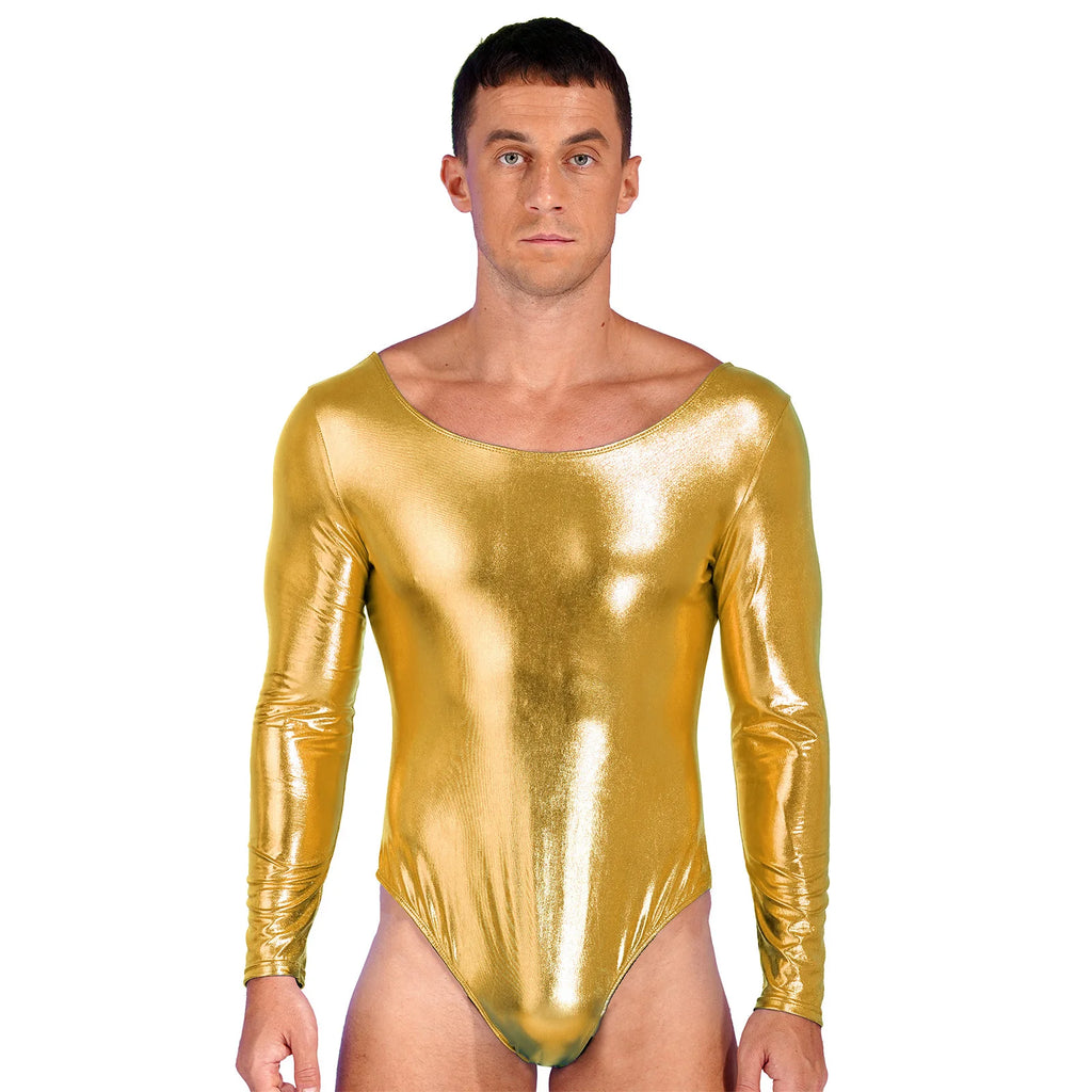 Front-facing model wearing a long-sleeved metallic gold bodysuit with a scoop neck