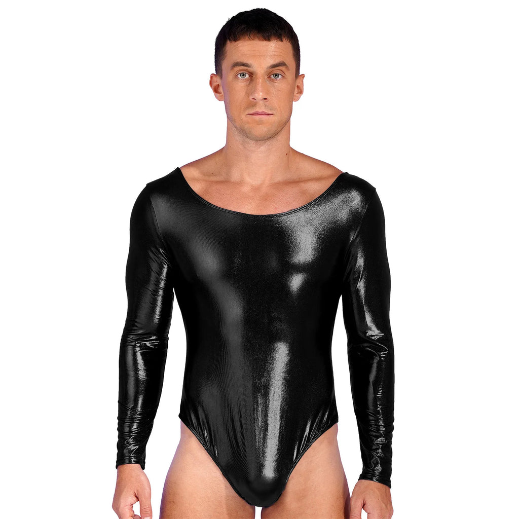 Front-facing model wearing a glossy black long-sleeve high-cut bodysuit