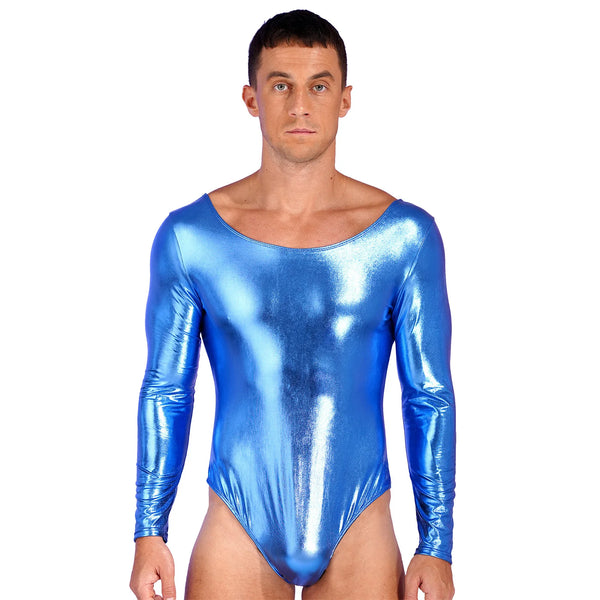 Front-facing model wearing a shiny metallic-blue, long-sleeve bodysuit with a scoop neck