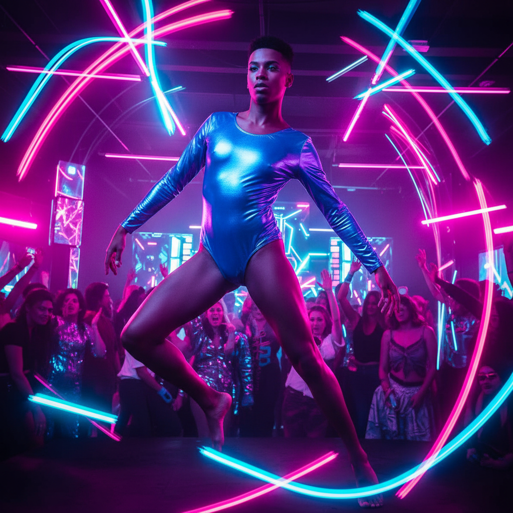 Galactic Rave Shine Bodysuit on a dancer leaping under pink and blue neon
