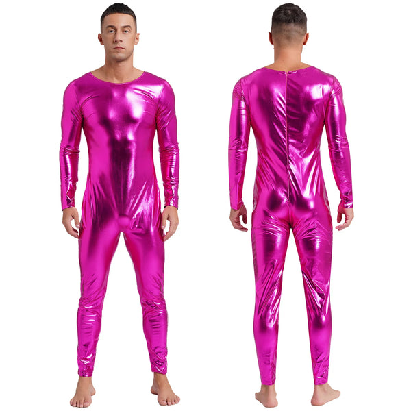 Front and back views of a person wearing a shiny metallic magenta long-sleeve bodysuit