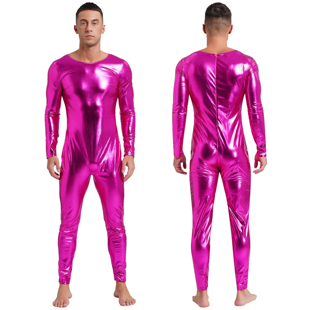 Front and back views of a person wearing a shiny metallic magenta long-sleeve bodysuit