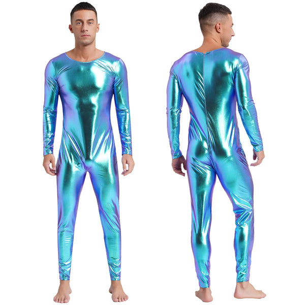 Front and back views of a model wearing a long-sleeve iridescent blue-purple metallic bodysuit