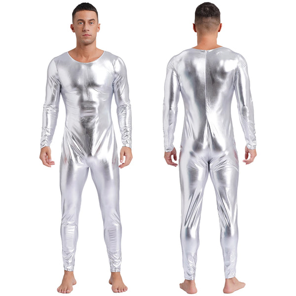Front and back views of a person wearing a shiny silver, long-sleeve full-body bodysuit