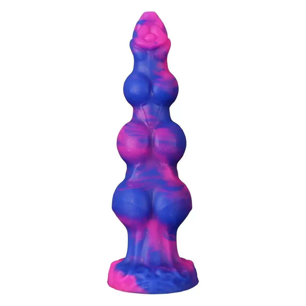 Front view of a purple-and-pink swirled silicone anal plug with multiple bulbous sections and flared base