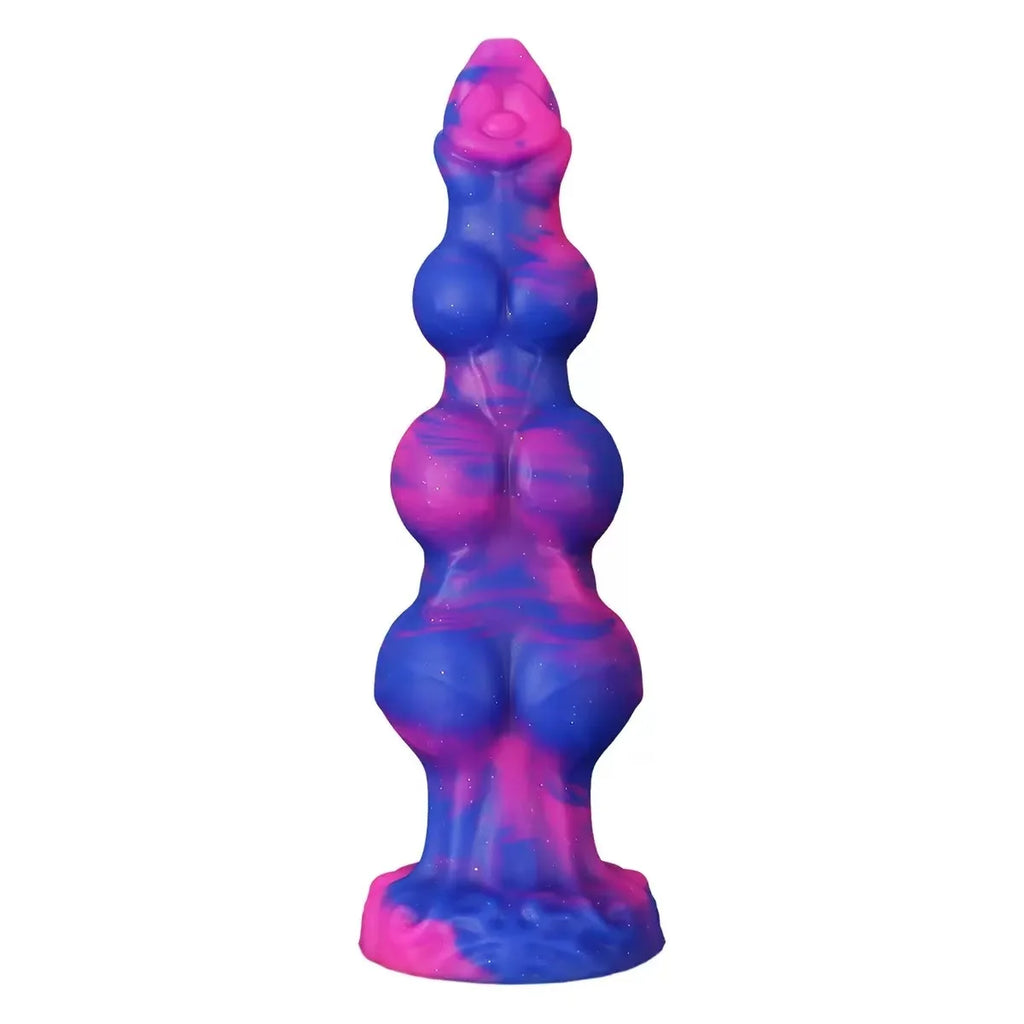 Front view of a purple-and-pink swirled silicone anal plug with multiple bulbous sections and flared base