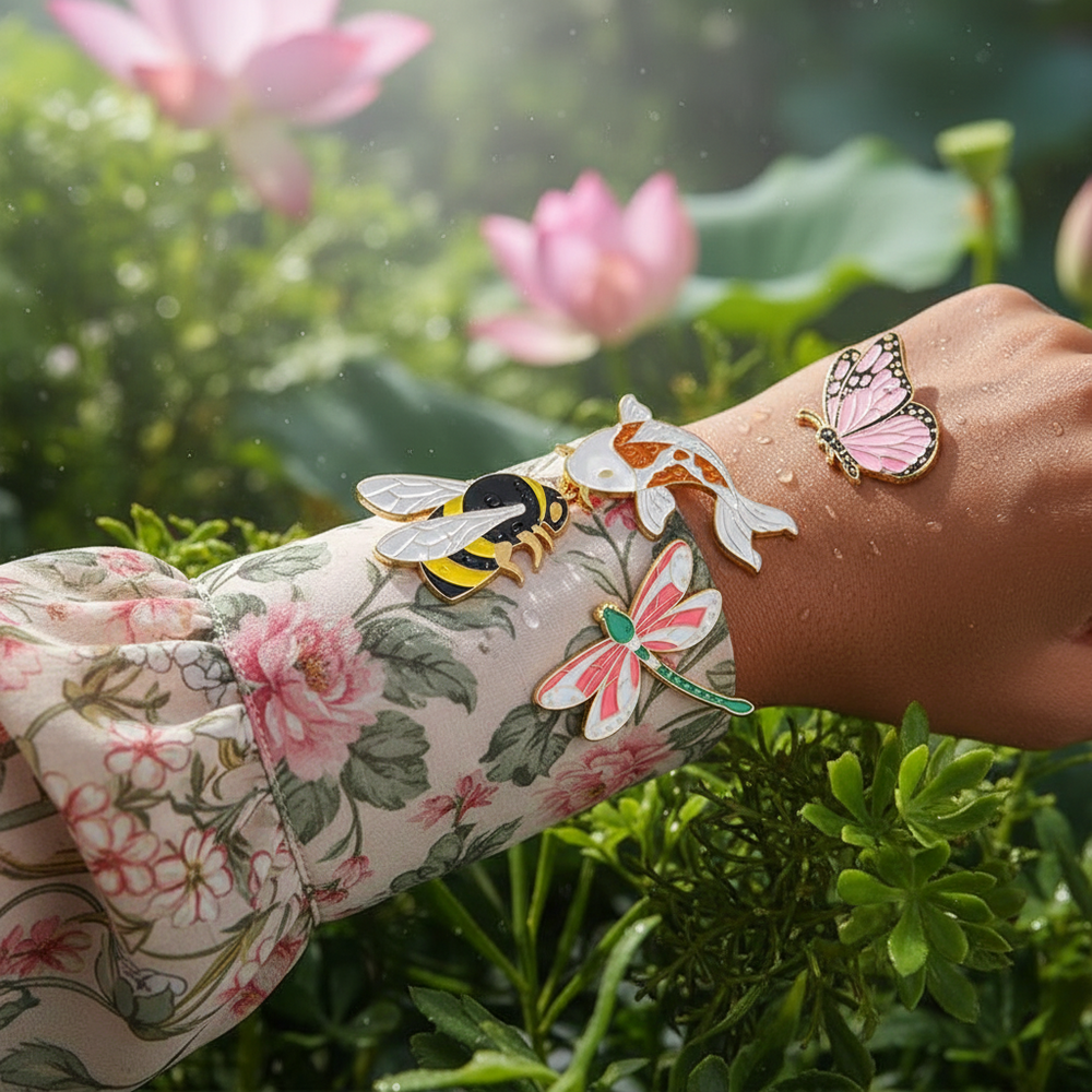 Bee, koi fish, dragonfly, and butterfly enamel pins displayed on tattooed arms in a garden