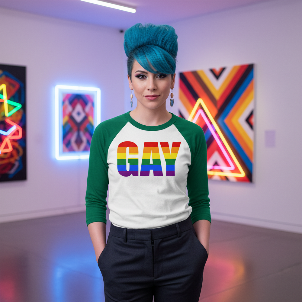 Gay 3/4 sleeve raglan shirt worn by a person with bright blue hair and bold makeup, in an art gallery of neon geometric art.