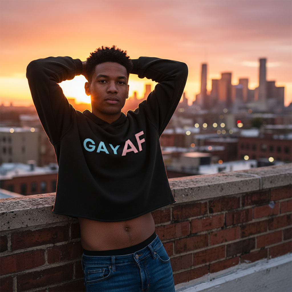 Gay AF Crop Hoodie in black, bold rainbow "GAY AF" text; person poses rooftop at sunset, orange sky, city skyline