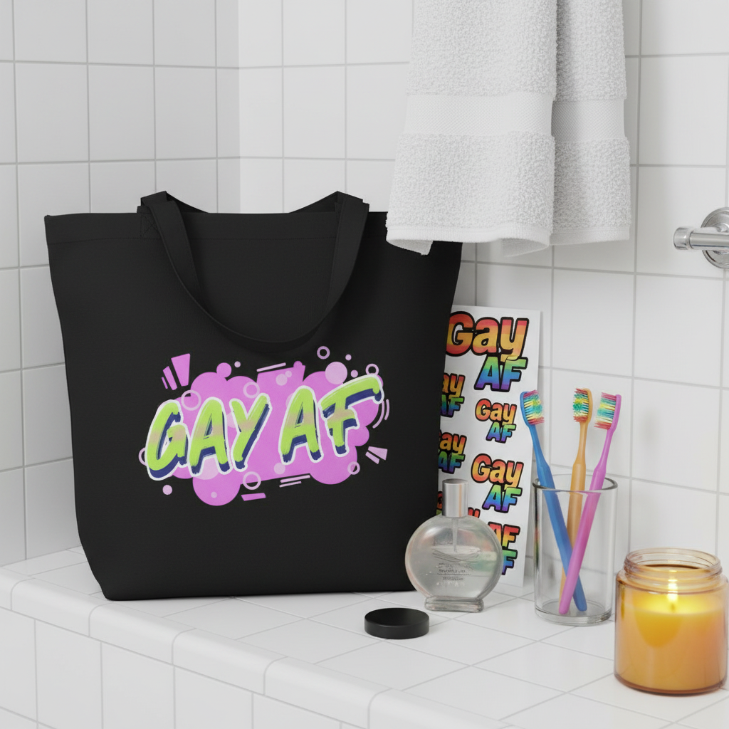 Black tote bag reading “GAY AF” on a colorful splash, staged on a tiled bathroom shelf