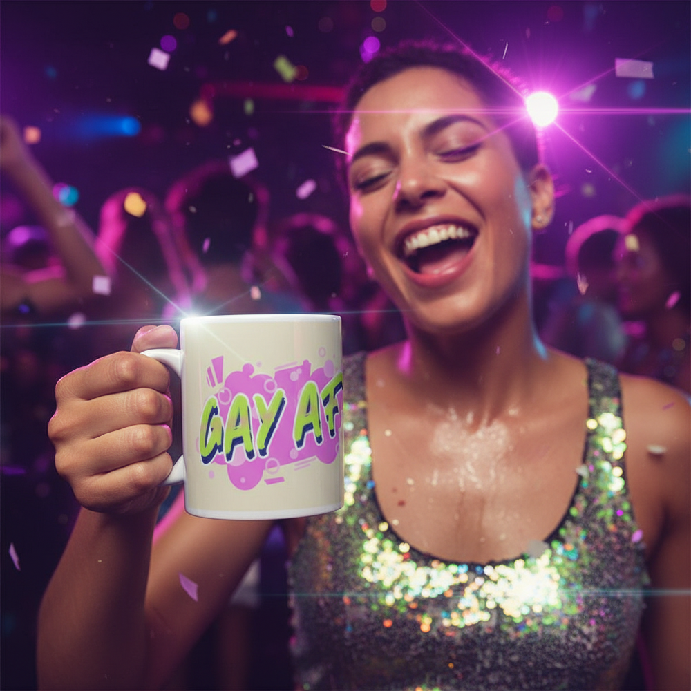 Person holding a white mug reading “GAY AF” at a colorful, confetti-filled party