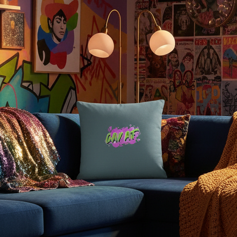 Gay Af Pillow on a blue sofa, bold with "GAY AF," hearts, and stars