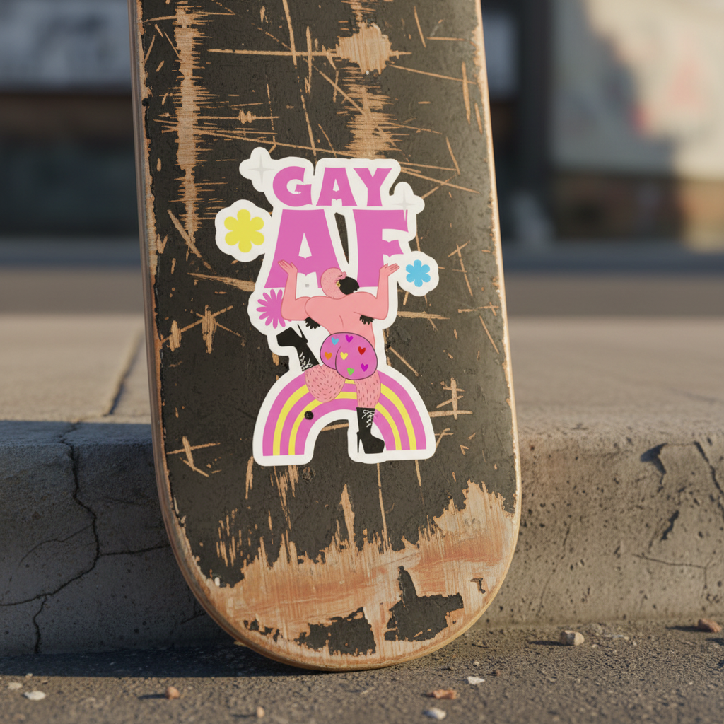 Gay AF Bubble-Free Sticker on a scratched skateboard deck: vinyl, pink figure, “GAY AF” text, rainbow, stars