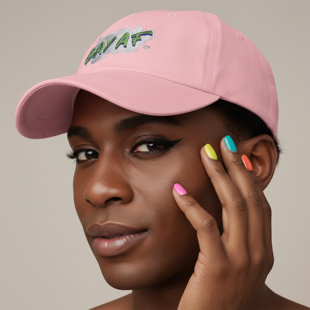 Pink “Gay AF” cap, bold winged eyeliner, queer multi-color nails—green, yellow, pink, blue, orange