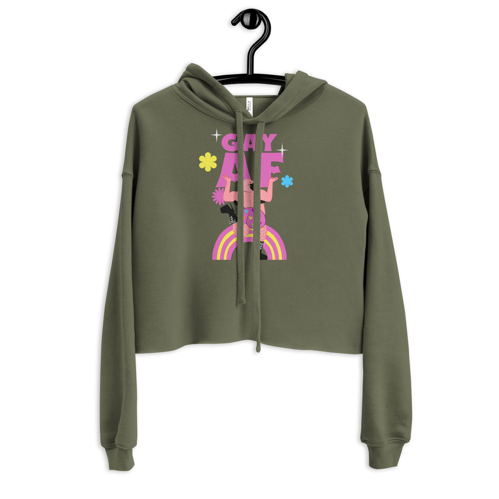 Front view of an olive cropped hoodie with pink “GAY AF” graphic and rainbow design