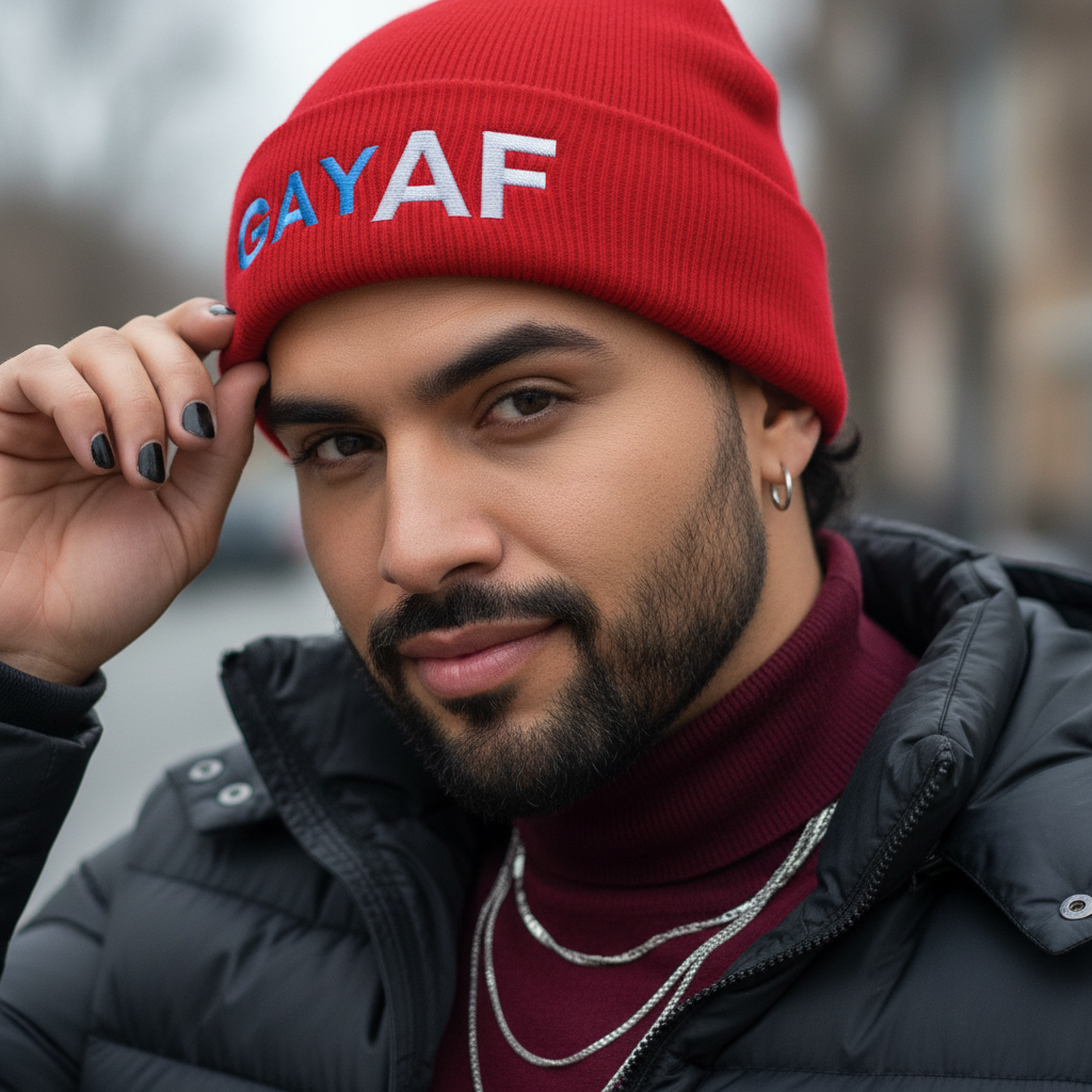 Gay AF Cuffed Beanie worn by a bearded person with hoops, layered chains, black polish, black puffer, maroon top