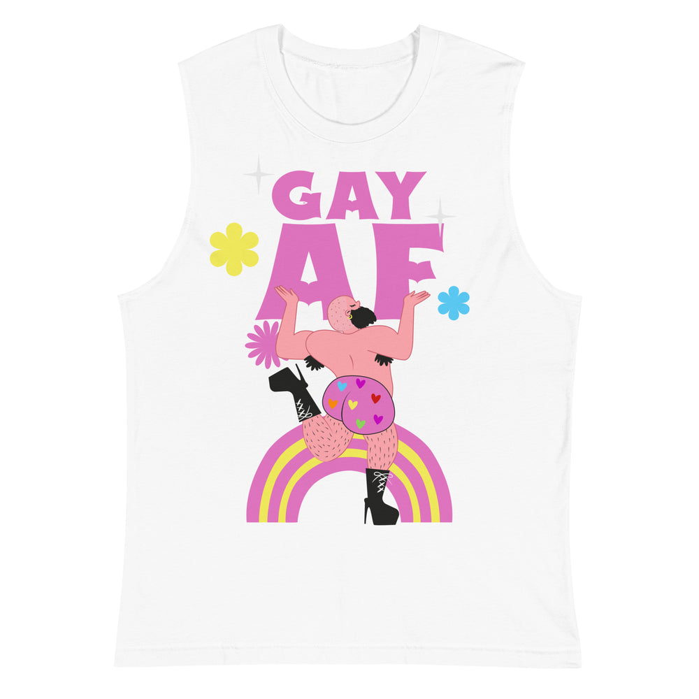 White sleeveless tank top with pink “GAY AF” text, a drag performer, flowers, and rainbow