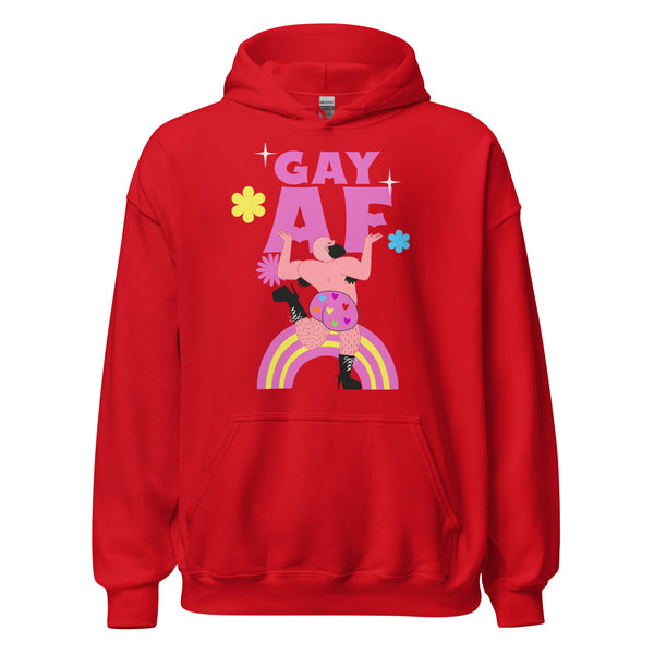 Front view of a red hoodie reading “GAY AF,” with a dancing figure, flowers, and rainbow graphic