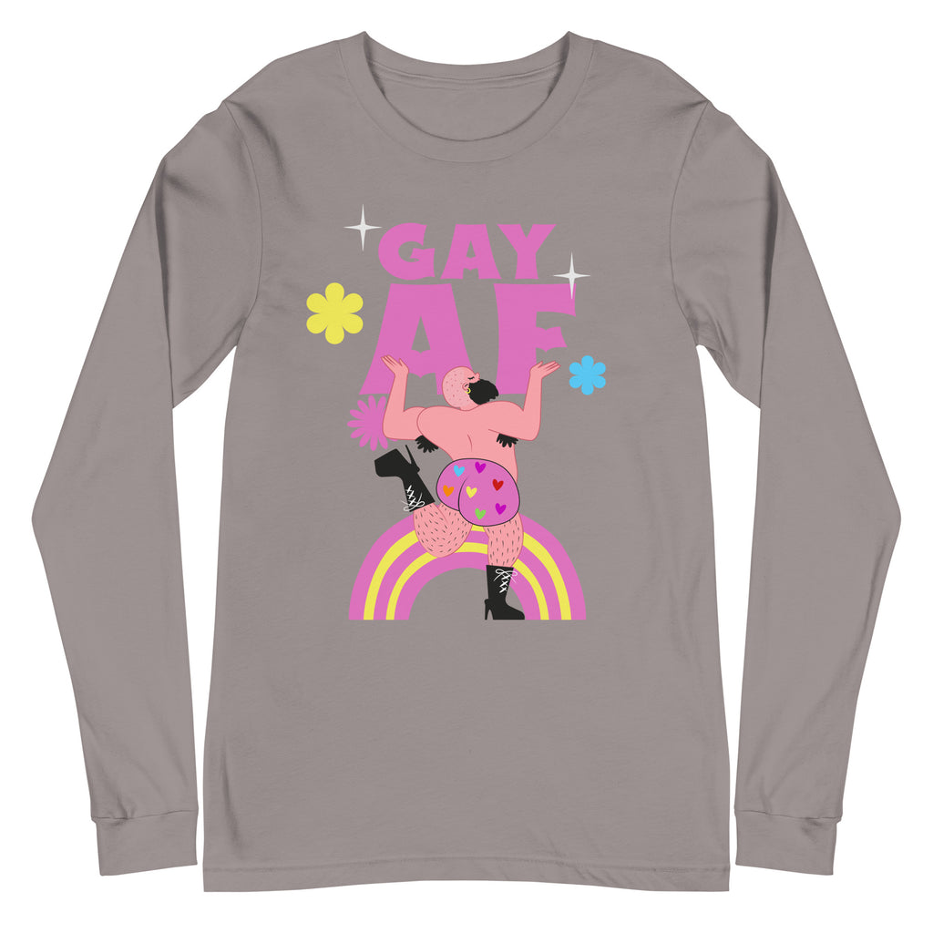 Unisex gray long sleeve tee with “GAY AF” slogan, joyful bearded dancer in pink briefs and boots on a rainbow, flowers
