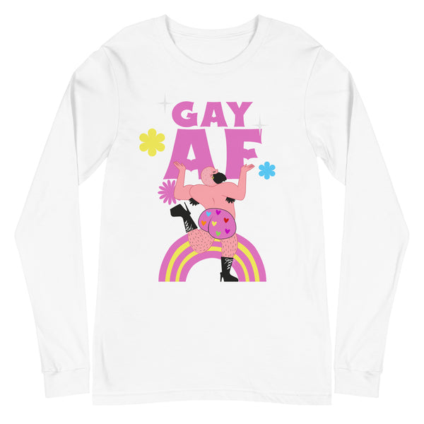 Gay AF Unisex Long Sleeve Tee with “GAY AF” in hot pink, queer character in black boots, pink heart shorts