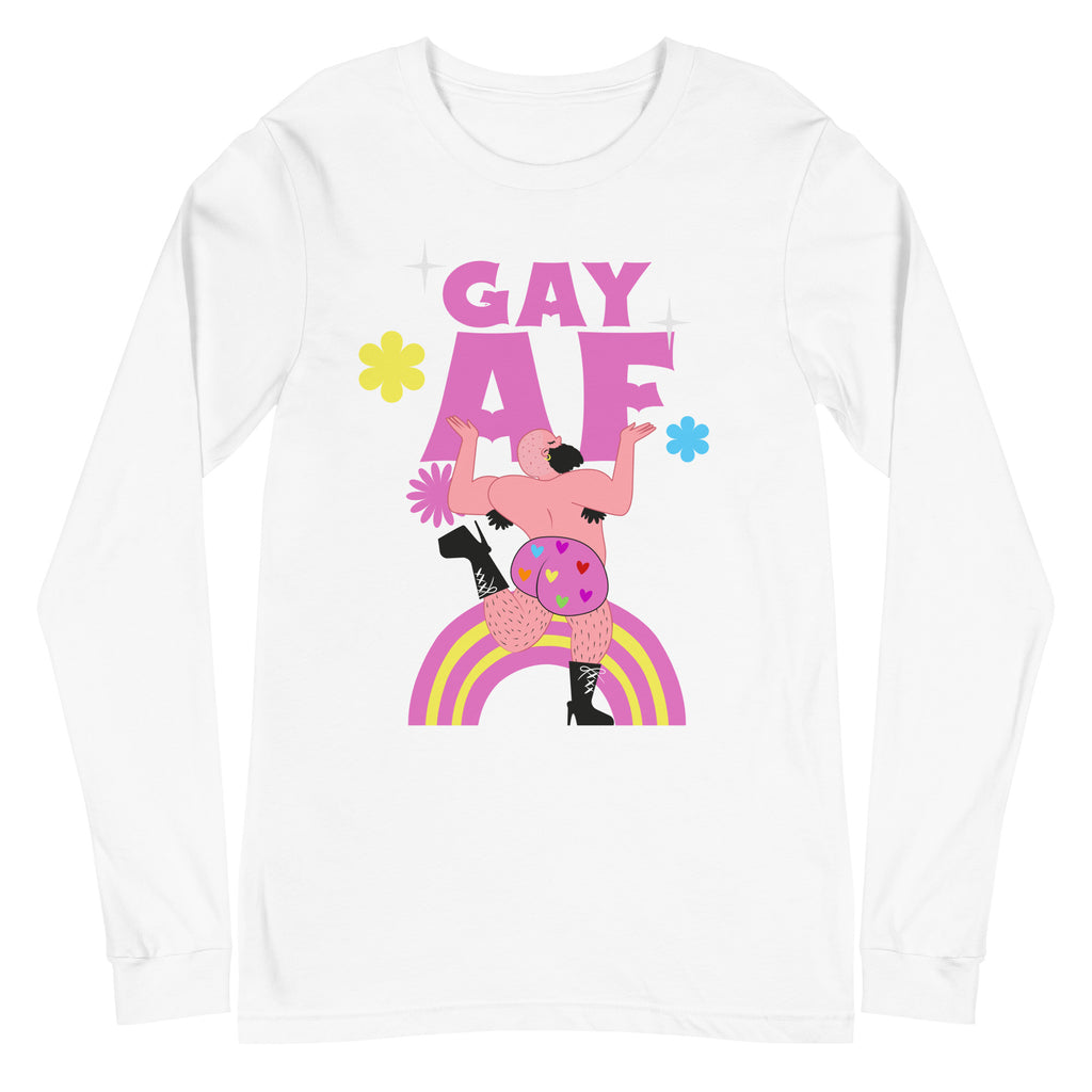 Gay AF Unisex Long Sleeve Tee with “GAY AF” in hot pink, queer character in black boots, pink heart shorts