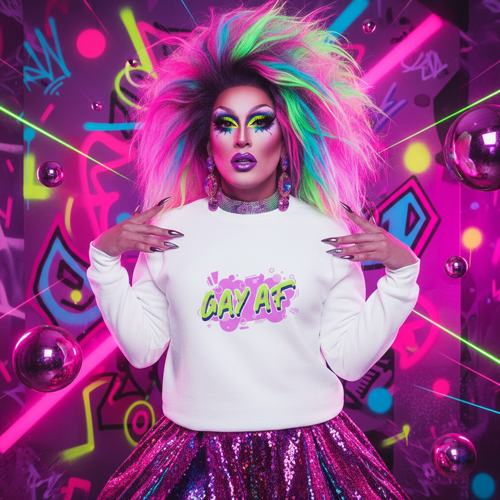 Drag performer in a rainbow wig wearing a white “GAY AF” sweatshirt and sequined skirt