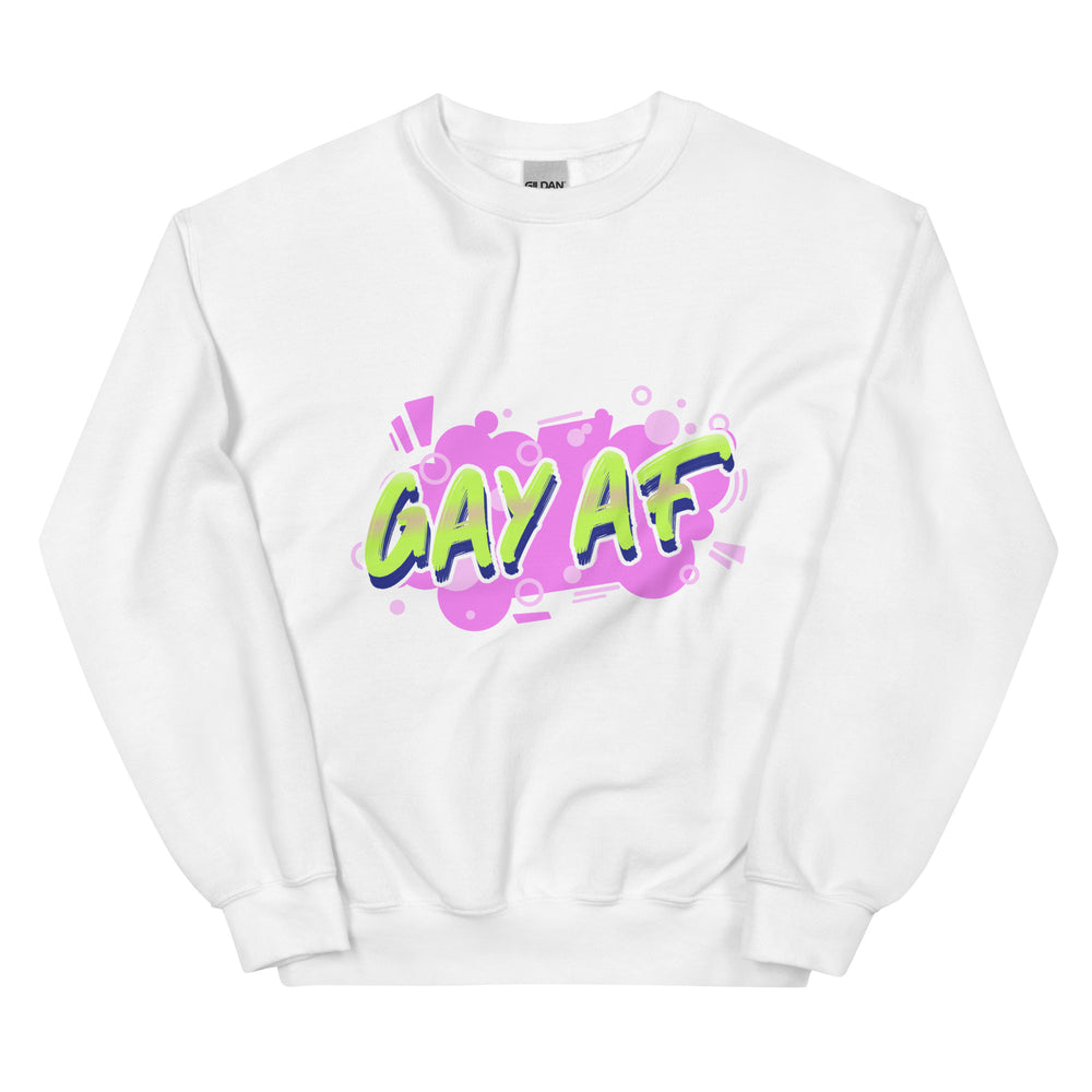 Unisex sweatshirt with "GAY AF" in bold green and purple bubble letters on pink with abstract dots