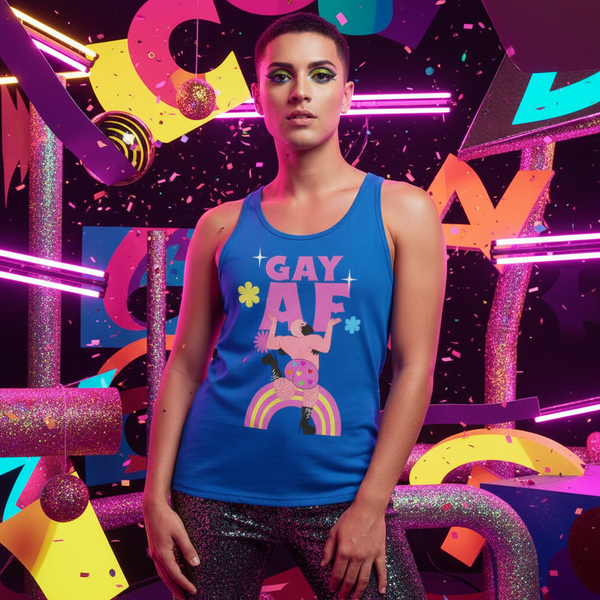 Model wearing a blue tank top reading “GAY AF” with a rainbow dancer graphic