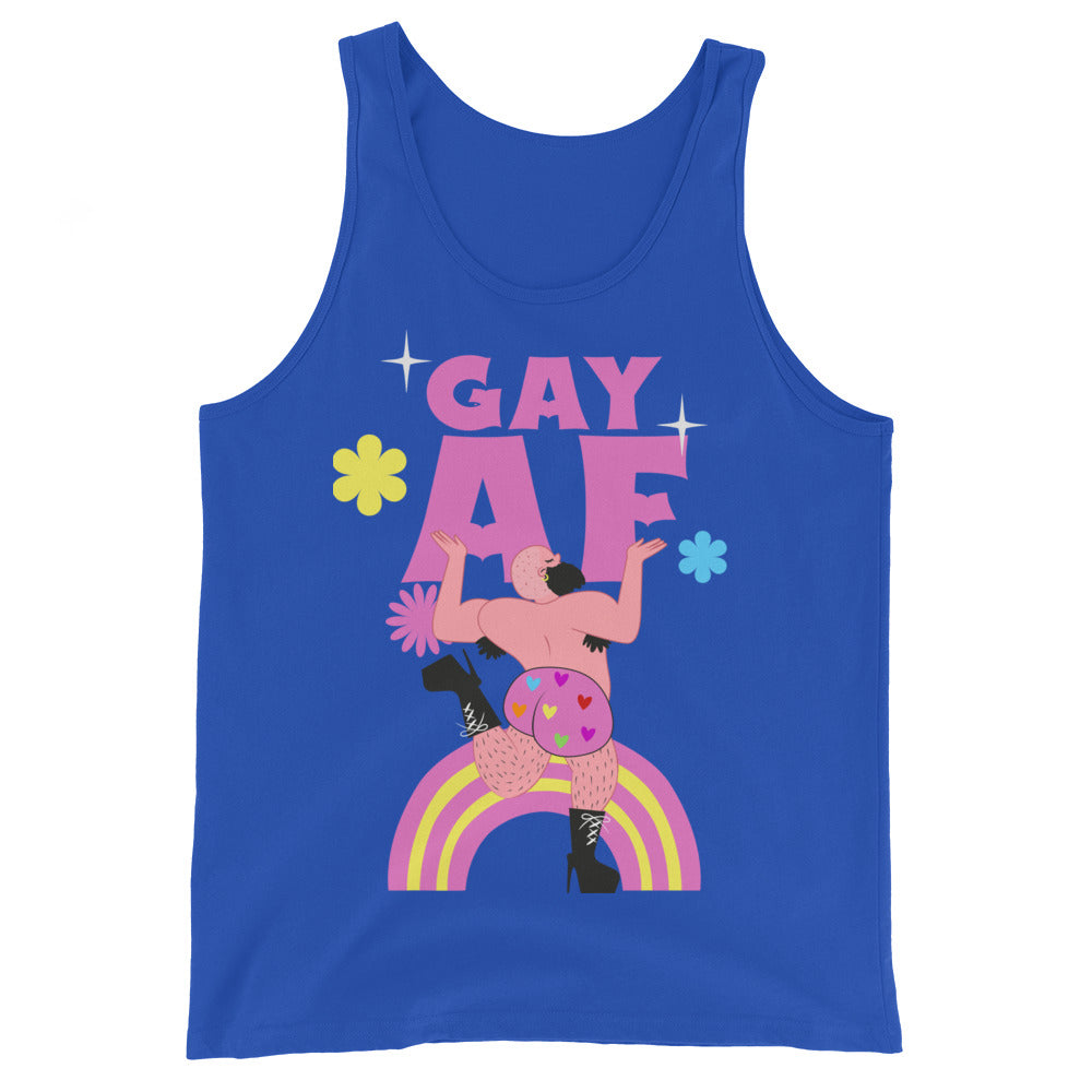 Gay AF Unisex Tank Top in royal blue with bold pink “Gay AF” text, hugging pink figures on a rainbow, boots, hearts, flowers