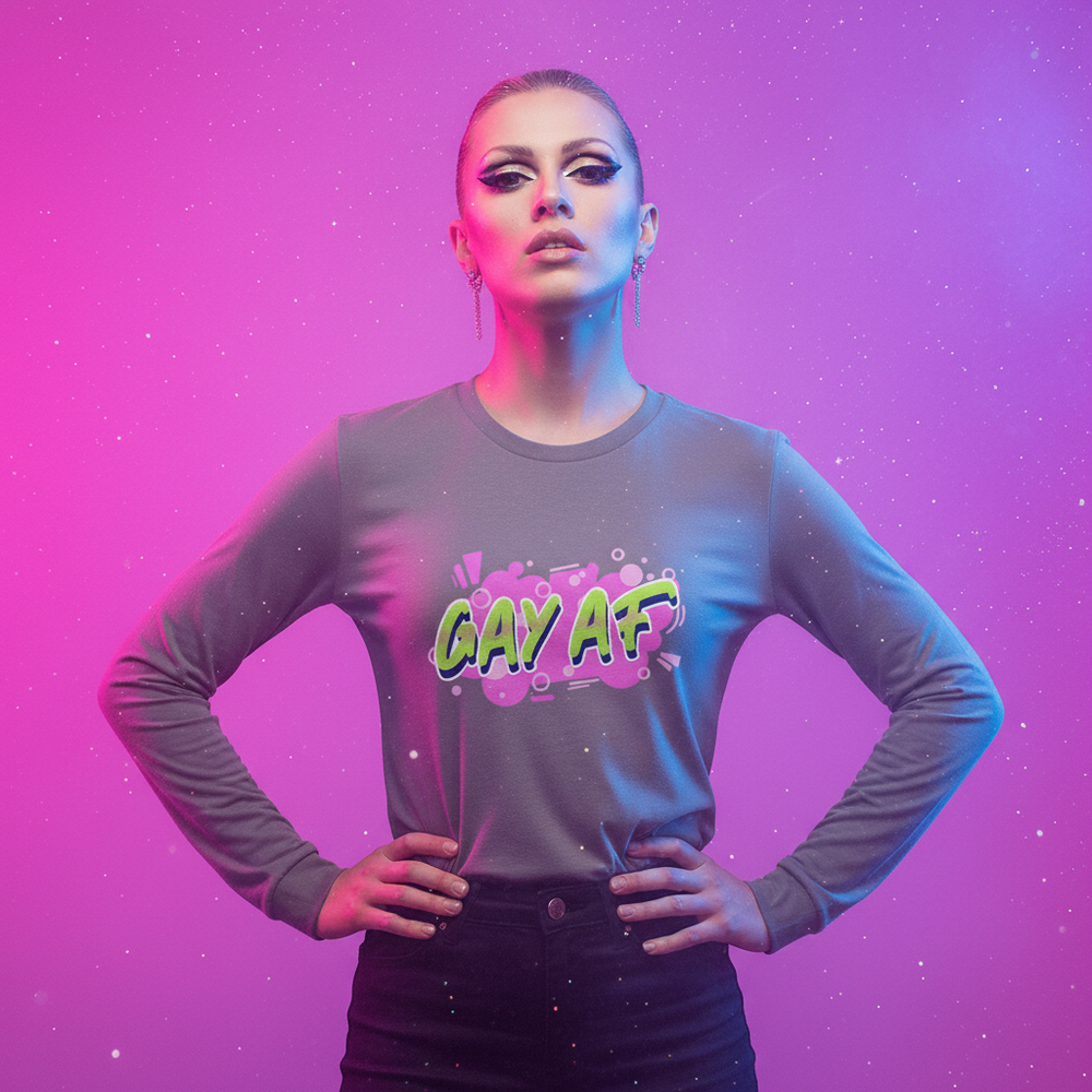 Gay AF Unisex Long Sleeve T-Shirt with bold rainbow “GAY AF” text