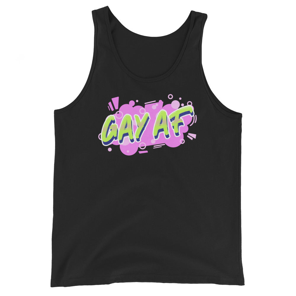 Unisex tank top flaunting "GAY AF" in neon green and yellow, outlined in white on a pink cloud with purple and white accents.