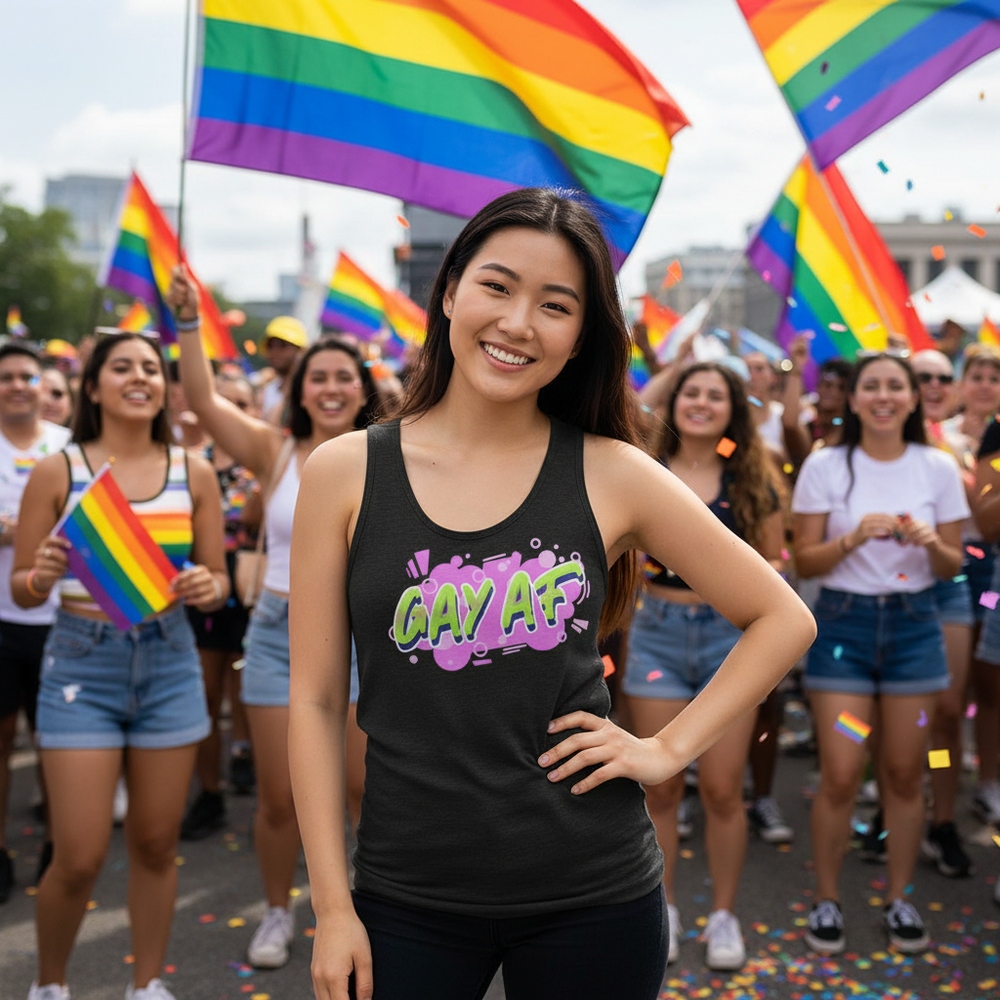 Gay AF Unisex Tank Top with bright, colorful lettering on a smiling person at Pride