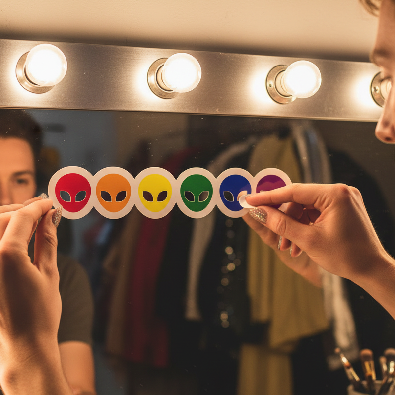 Six rainbow Gay Alien Bubble-Free Stickers are laid out on a mirror with round vanity lights