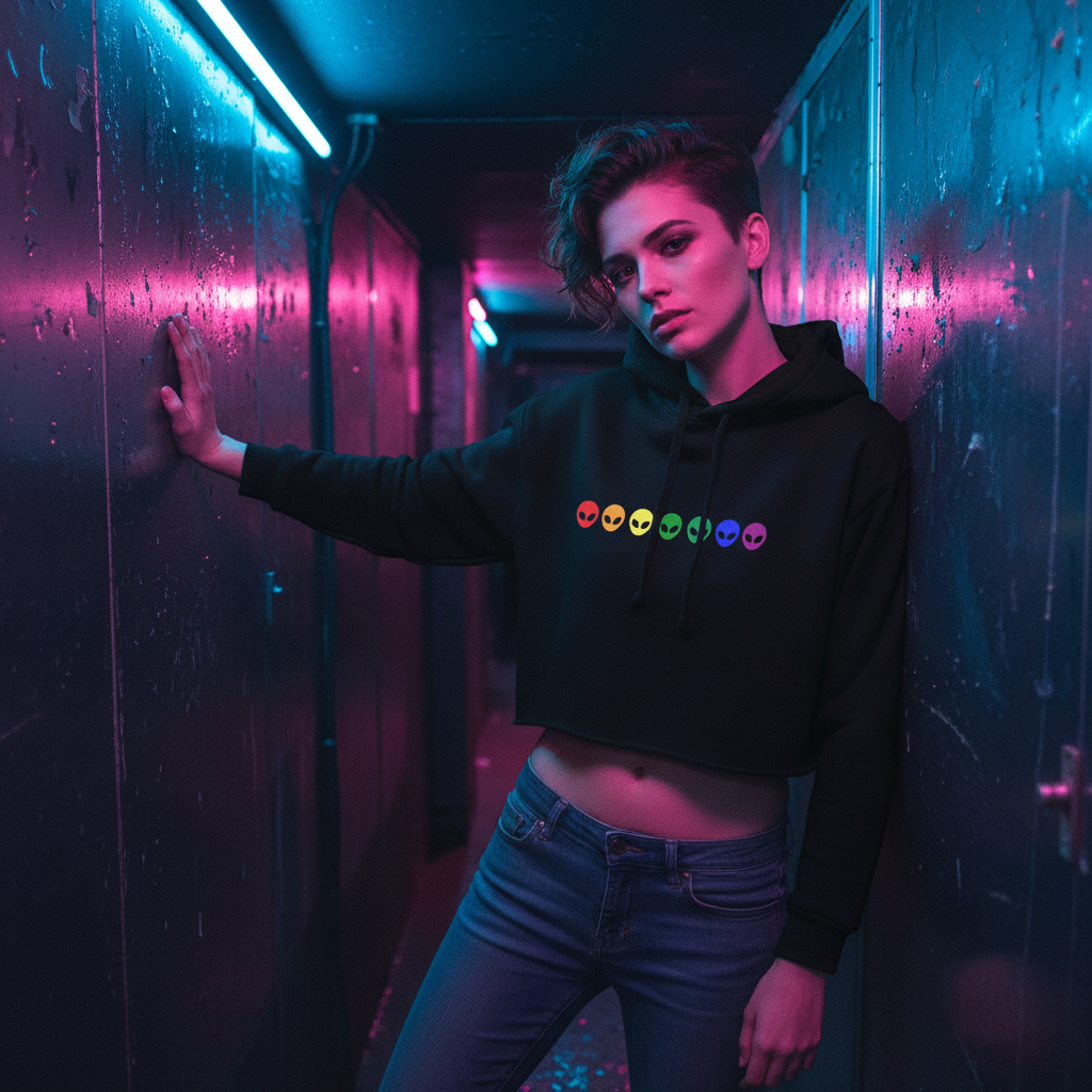 Gay Alien Crop Hoodie with vivid alien faces stands out against neon blue and pink, repping queer pride in bold